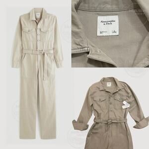 Abercrombie & Fitch L Tan Denim Utility Jumpsuit | Wide Leg Belt Cargo NWT $150